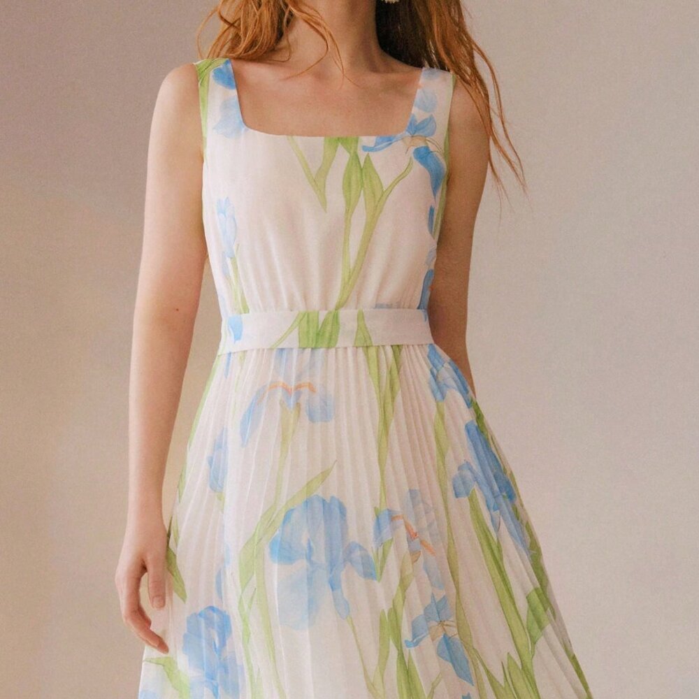 Blue Elegant Women's Pleated Sleeveless Square Neck Printed Dress - Picture 5 of 6